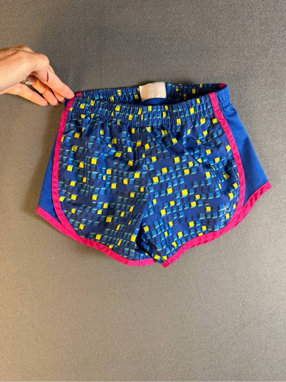 Kids Blue Geometric Print Running Shorts with Pink Trim